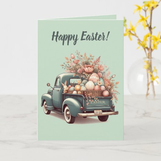 編集可能ブルートラックバニーと卵イースター カード (黄色い花)