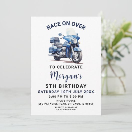 編集可能ブルーバイク誕生日招待状 招待状 (スタンド正面)