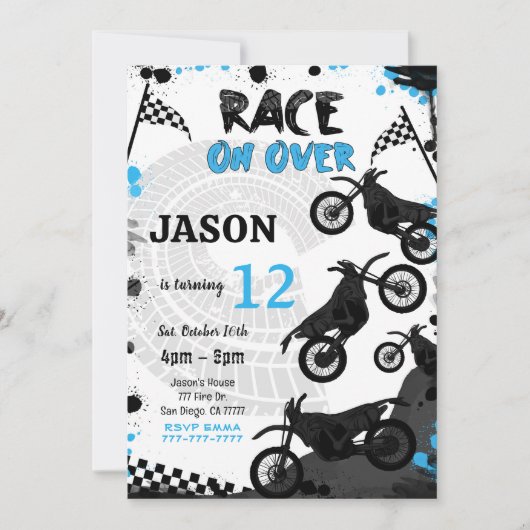 編集可能ブルーバイク誕生日招待状 招待状 (正面)