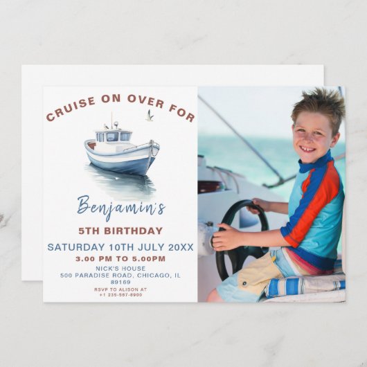 編集可能ブルーボートテーマ誕生日フォト招待状 招待状 (正面/裏面)