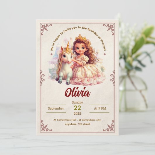 編集可能プリンセスおよびユニコーン誕生日招待状 招待状 (スタンド正面)