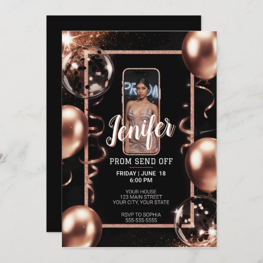 編集可能プロム送信オフアースピンクフレきらめくーム 招待状 (正面/裏面)