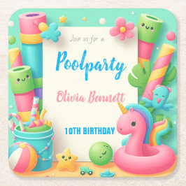 編集可能プールパーティー誕生日サマースイム スクエアペーパーコースター