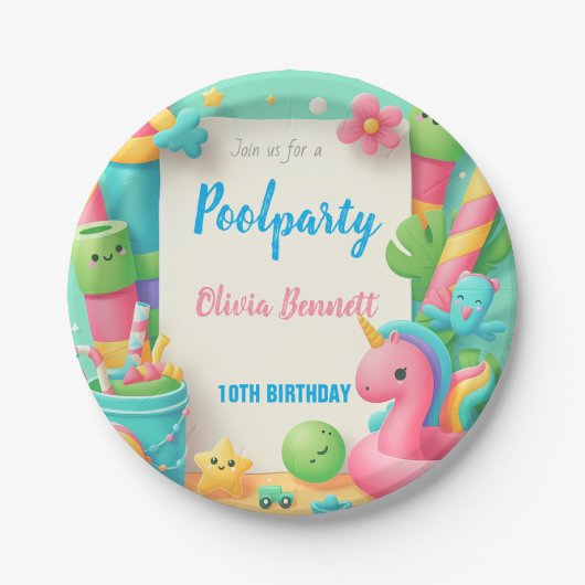 編集可能プールパーティー誕生日サマースイム ペーパープレート (正面)