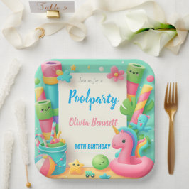 編集可能プールパーティー誕生日サマースイム ペーパープレート