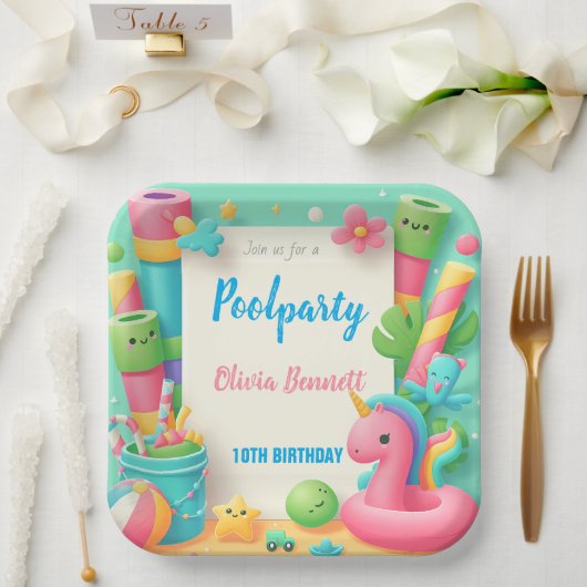 編集可能プールパーティー誕生日サマースイム ペーパープレート (ウェディング)