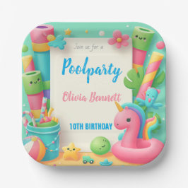 編集可能プールパーティー誕生日サマースイム ペーパープレート
