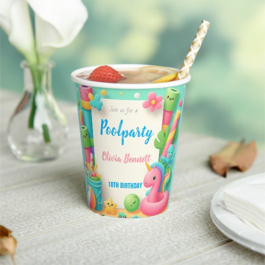 編集可能プールパーティー誕生日サマースイム 紙コップ (インサイチュ)