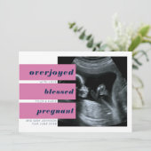 編集可能ヘッドライン2写真ネイビーピンク妊娠 案内状 (スタンド正面)