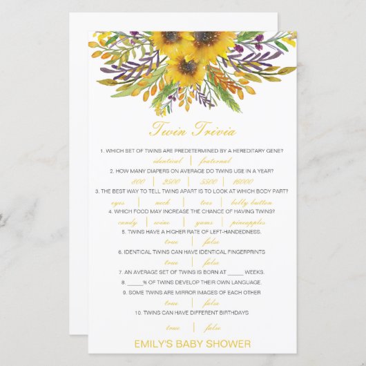 編集可能ベビーツイントリビアベビーシャワーと回答 (正面/裏面)