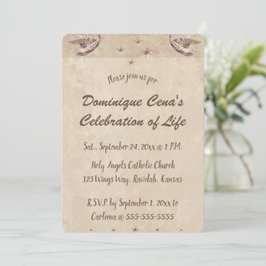 編集可能ベージュエンジェルススターズお祝いオブライフ 招待状 (スタンド正面)