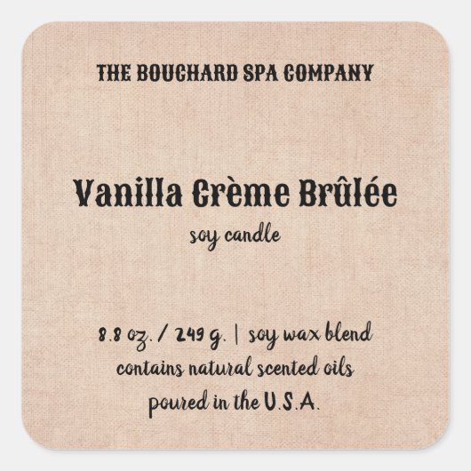 編集可能ベージュリネンキャンドルラベル スクエアシール (正面)