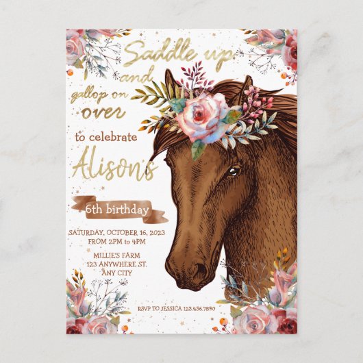 編集可能ホース女性のカーボーイ誕生日パーティー ポストカード (正面)