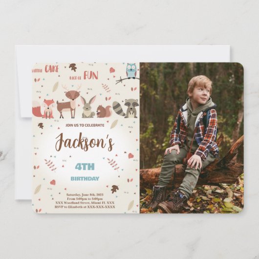 編集可能ボーイウッドランド誕生日フォト招待状 招待状 (正面)
