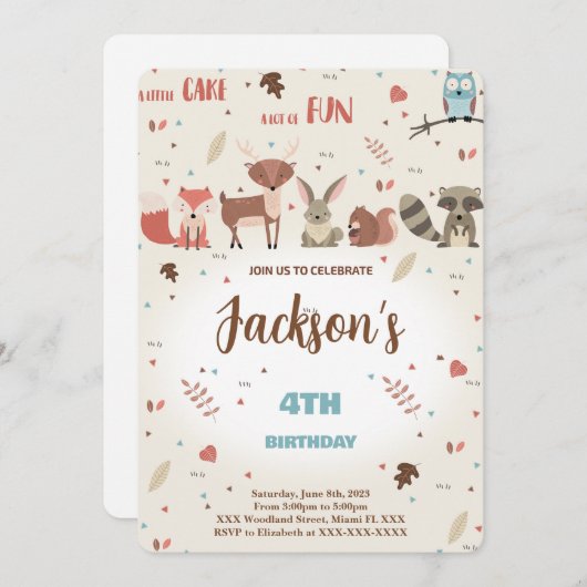 編集可能ボーイウッドランド誕生日招待状 招待状 (正面/裏面)