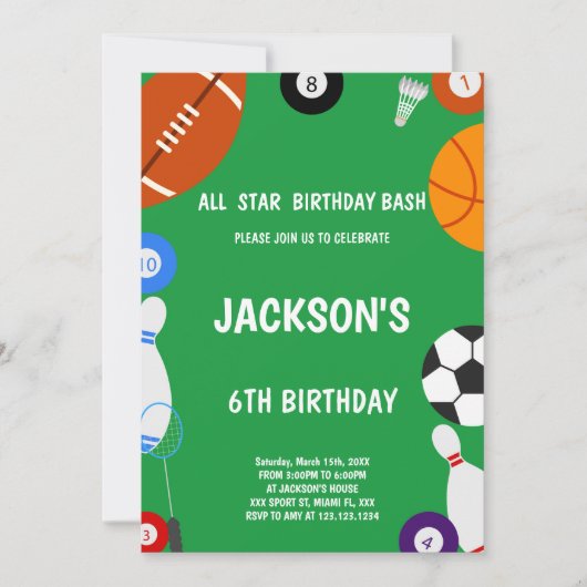 編集可能ボーイズオールスター数々の – スポーツパーティー招待状 招待状 (正面)