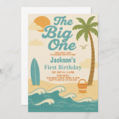 編集可能ボーイズザビッグワンサーフィン1st誕生日 招待状 (正面/裏面)