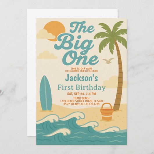 編集可能ボーイズザビッグワンサーフィン1st誕生日 招待状 (正面/裏面)