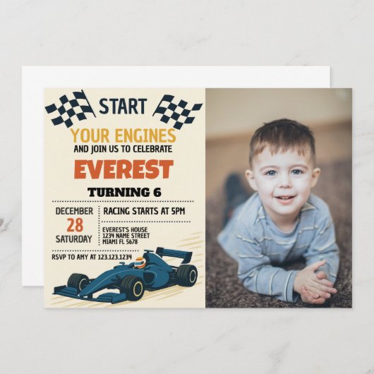 編集可能ボーイズレースパーティー市松模様に招待状 招待状 (正面/裏面)