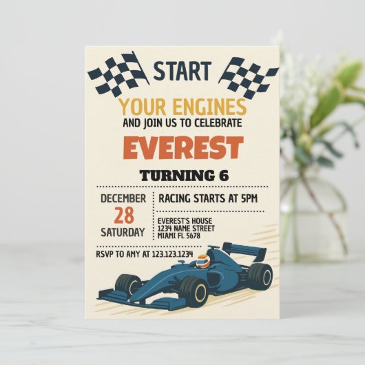 編集可能ボーイズレースパーティー市松模様に招待状 招待状 (スタンド正面)