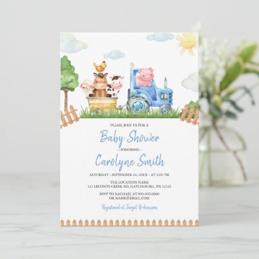 編集可能ボーイファーム動物ベビーシャワー招待状 招待状 (スタンド正面)