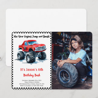 編集可能ボーイモンスタートラック誕生日写真 招待状