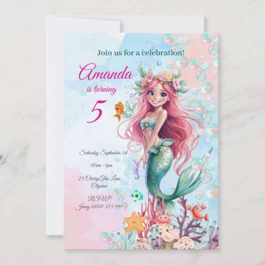 編集可能マーメイドアンダーザシー誕生日招待状 招待状 (正面)