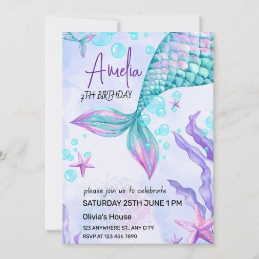 編集可能マーメイド誕生日招待状ピンクマーメイド 招待状 (正面)