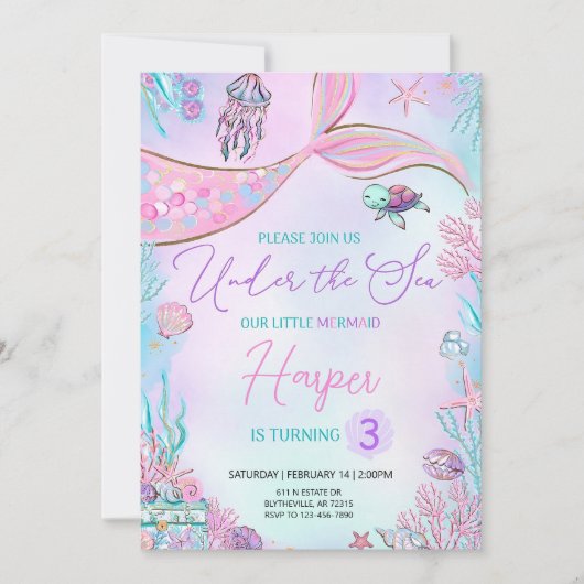 編集可能マーメイド誕生日招待状マーメイドアンダーエリア 招待状 (正面)