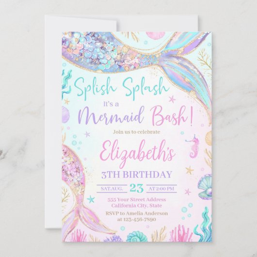 編集可能マーメイド誕生日招待状、マーメイドインヴィ 招待状 (正面)