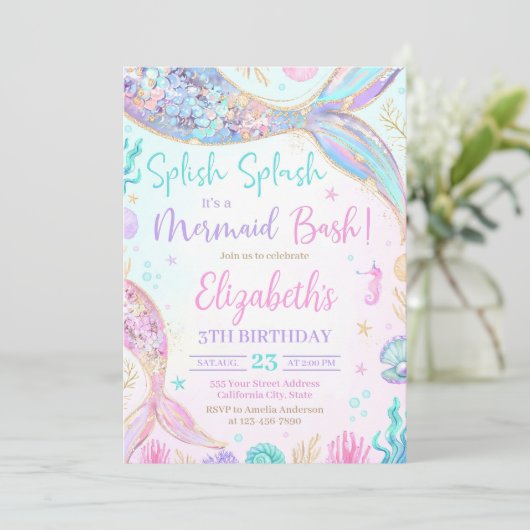 編集可能マーメイド誕生日招待状、マーメイドインヴィ 招待状 (スタンド正面)