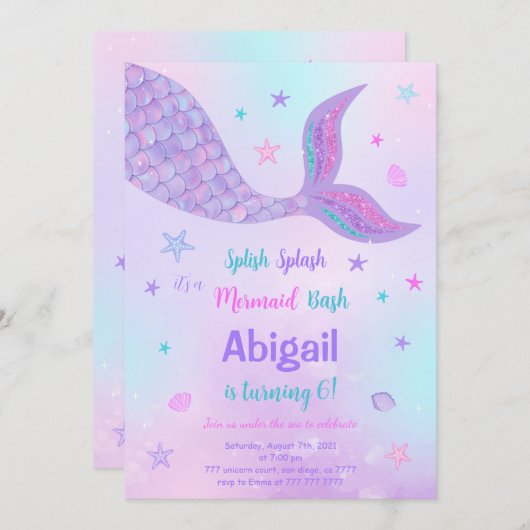 編集可能マーメイド誕生日招待状 招待状 (正面/裏面)