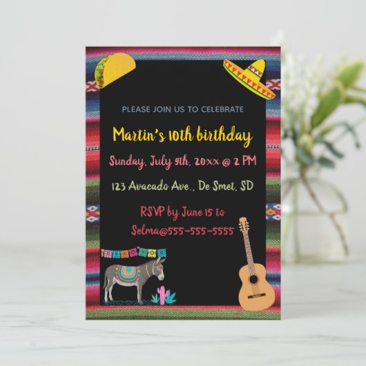 編集可能メキシカンフィエスタ誕生日パーティー 招待状 (スタンド正面)