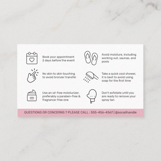 編集可能モダンなサンレススプレータンアフターケアカード 名刺 (裏面)