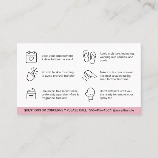 編集可能モダンなサンレススプレータンアフターケアカード 名刺 (裏面)