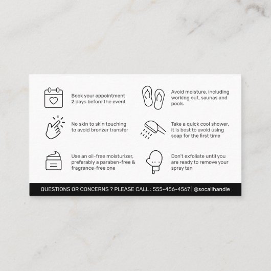 編集可能モダンなサンレススプレータンアフターケアカード 名刺 (裏面)