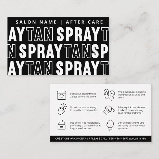 編集可能モダンなサンレススプレータンアフターケアカード 名刺 (正面/裏面)