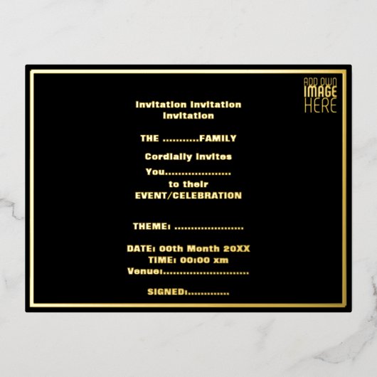編集可能モダンなシンプルブラックイメージ文字テンプレート 箔招待状ポストカード (正面)