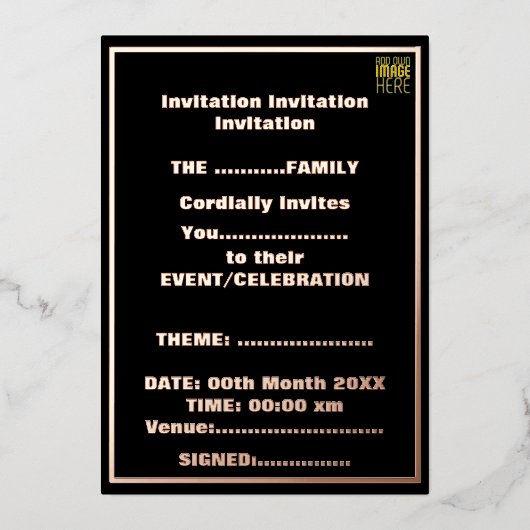 編集可能モダンなシンプルブラックイメージ文字テンプレート 箔招待状 (正面)