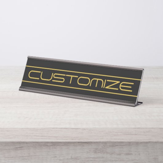 編集可能モダンなスタイリッシュ金ゴールド文字と線ストライプの デスクネームプレート (正面)