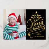 編集可能モダンカラーメリークリスマスツリー写真 箔シーズンカード (正面)