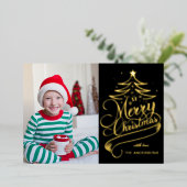 編集可能モダンカラーメリークリスマスツリー写真 箔シーズンカード (立ち正面)
