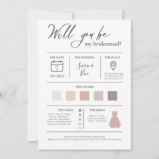 編集可能モダンカラー花嫁メイド提案情報カー 招待状 (正面)