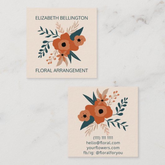 編集可能モダンテラコッタフローラレトロフローリング スクエア名刺 (正面/裏面)