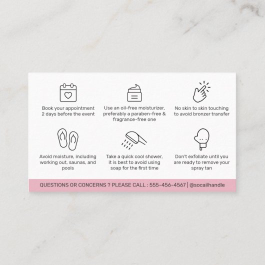 編集可能モダンピンクサンレススプレータンアフターケア 名刺 (裏面)