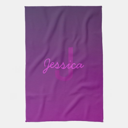 編集可能モダンモノグラムの文字と紫グラデーション キッチンタオル (縦)