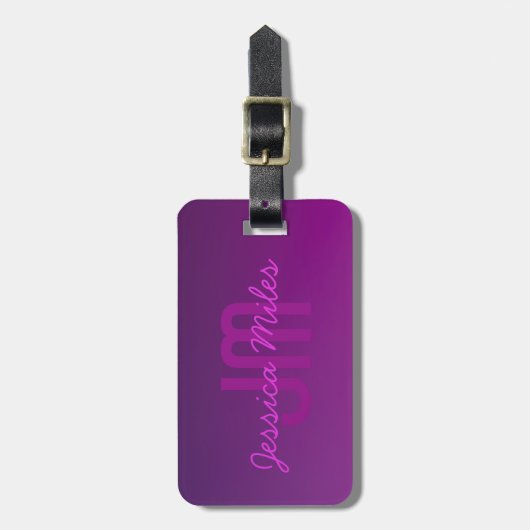 編集可能モダンモノグラムの文字と紫グラデーション ラゲッジタグ (正面縦)
