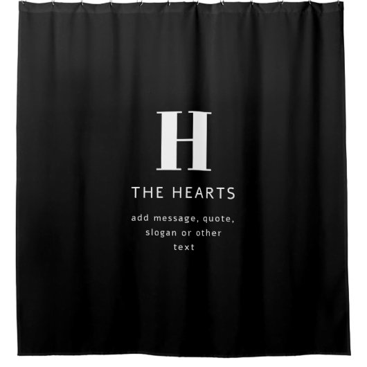 編集可能モダンモノグラム名とメッセージ |黒 シャワーカーテン (正面)