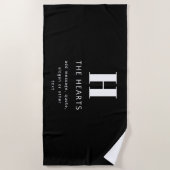 編集可能モダンモノグラム名とメッセージ |黒 ビーチタオル (正面)