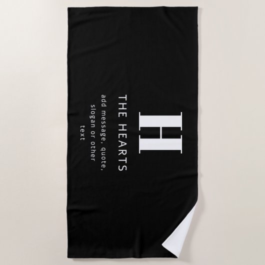 編集可能モダンモノグラム名とメッセージ |黒 ビーチタオル (正面)